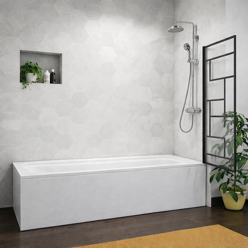 Mono black pivot bath shower screen shown in open position