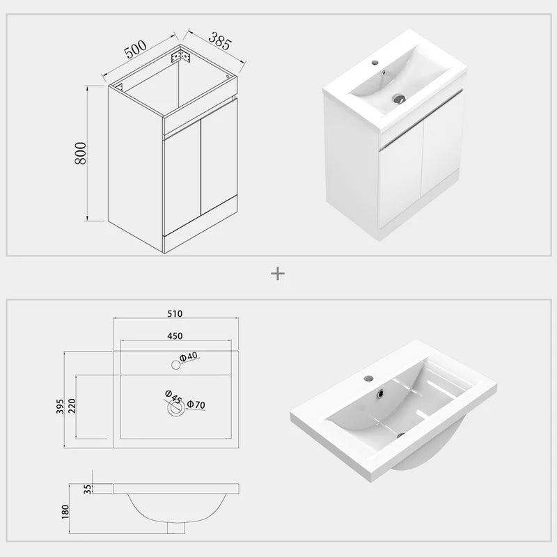 White Vanity Unit 500mm Technical Drawing With Dimensions
