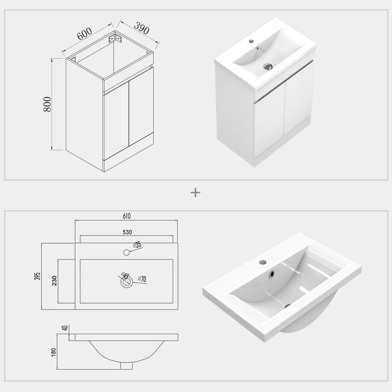 Vanity Unit 600mm Technical Drawing With Dimensions