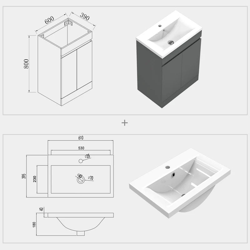 Grey Vanity Unit 600mm Technical Drawing With Dimensions