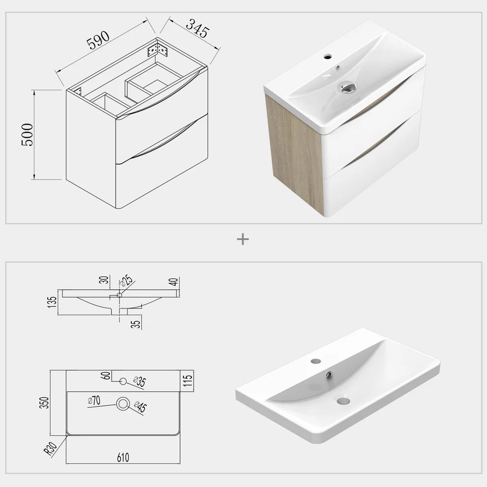 Bathroom vanity unit dimensions and technical drawing with basin measurements showing width depth height and fitting details