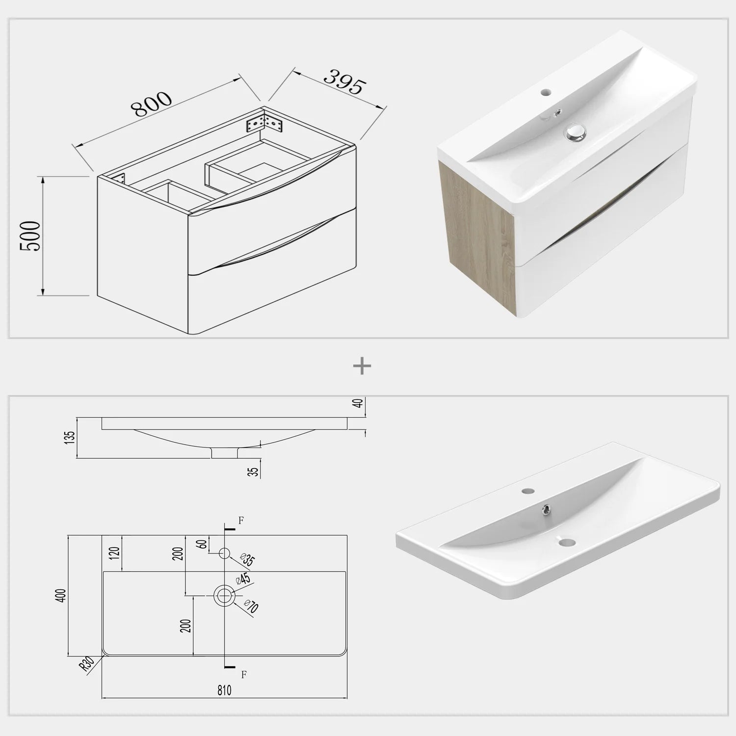 Bathroom vanity unit 800 dimensions and technical drawing with basin measurements showing width depth height and fitting details