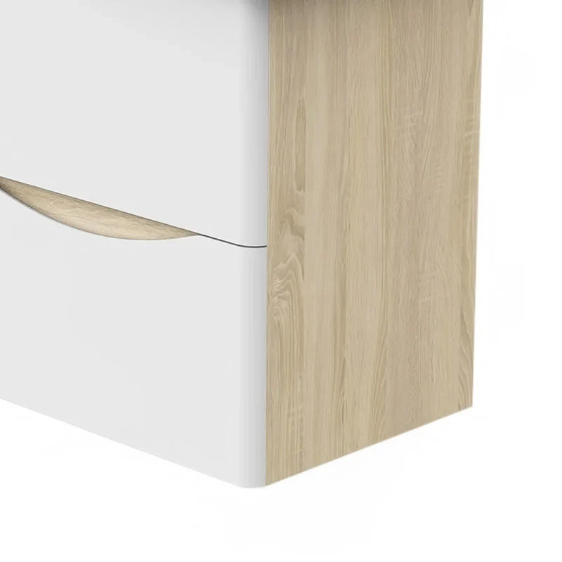 Close up of bathroom vanity unit showing oak side panel and white gloss drawer finish detail