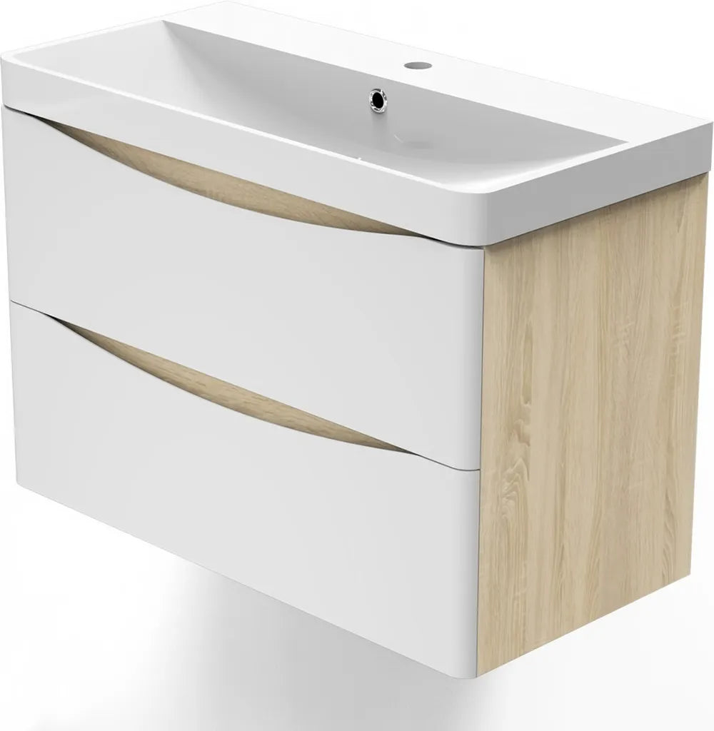 Close up of bathroom 800mm vanity unit showing oak side panel and white gloss drawer finish detail