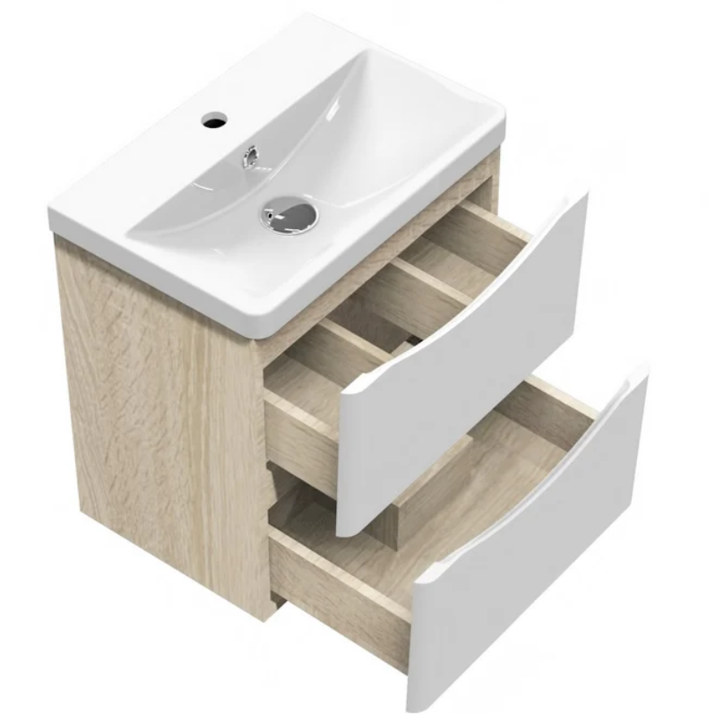 Bathroom vanity unit with oak side panels and white gloss drawers open showing internal storage compartments and ceramic basin above