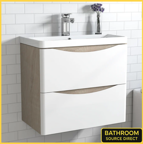 Wall hung bathroom vanity unit with white gloss drawers and oak side panels, modern basin with chrome tap on white subway tile wall