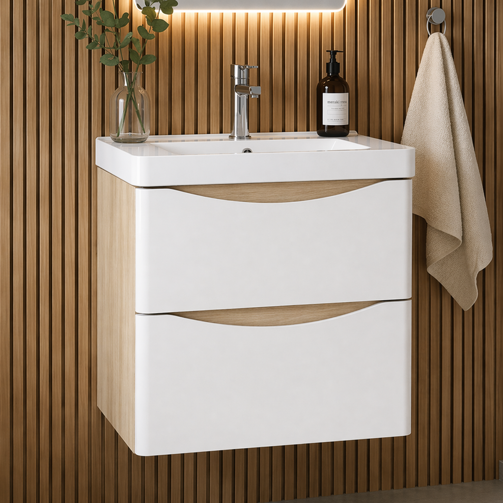 Wall hung bathroom vanity unit with oak side panels and white gloss drawers open showing storage space, modern basin and chrome tap installed