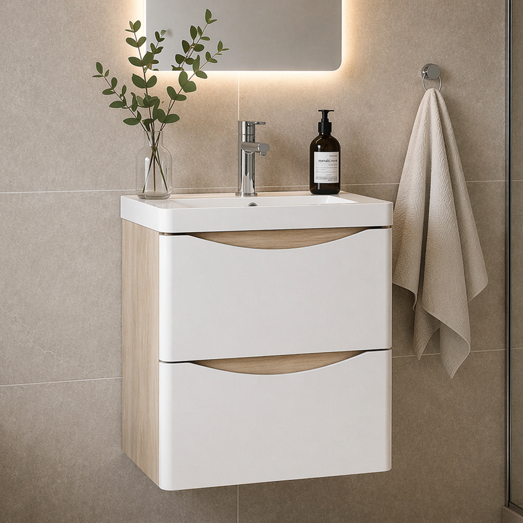 Wall hung bathroom vanity unit with white gloss drawers and oak side panels, modern basin with chrome tap under LED mirror in beige tiled bathroom