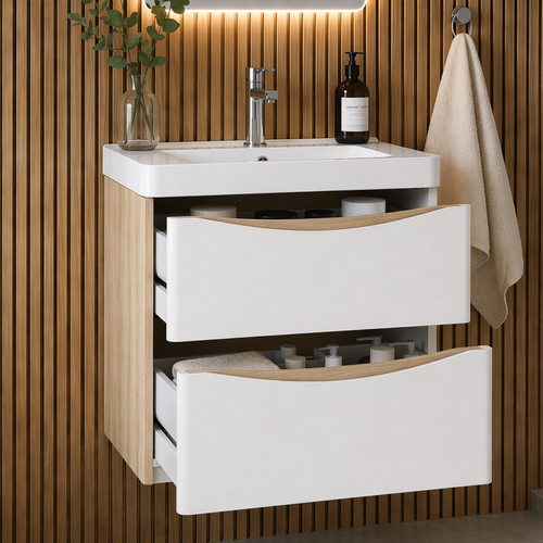 Wall hung bathroom vanity unit with open drawers white gloss storage with oak side basin unit with chrome tap and wood slat wall background
