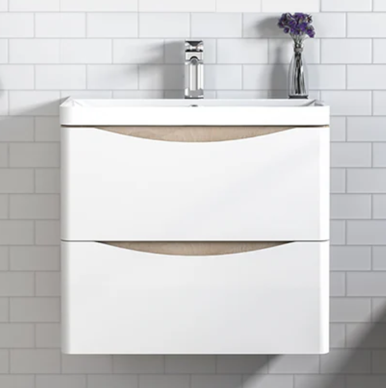 Front view of wall hung bathroom vanity unit with white gloss drawers and oak detail, modern basin and chrome tap on white tile wall