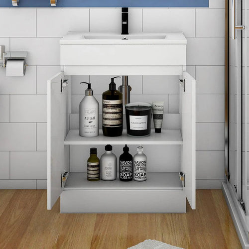 White Vanity Unit 600mm With Doors Open Showing Internal Storage