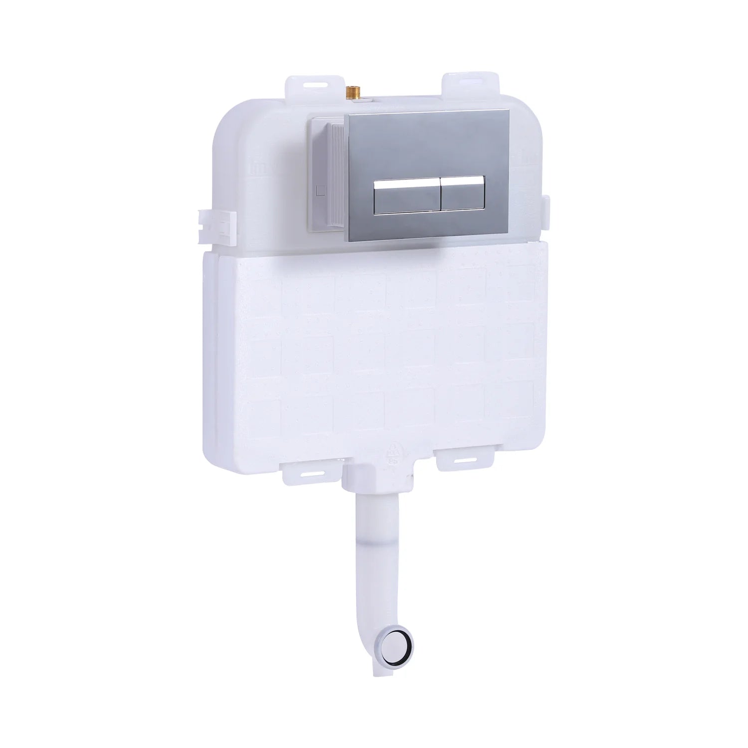 Concealed HDPE toilet cistern with rectangular chrome dual flush plate