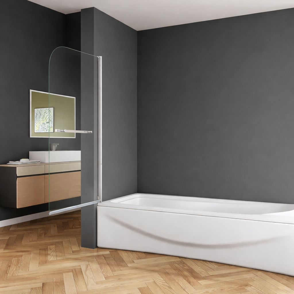Curved chrome pivot bath screen fully opened outward on white bathtub with dark grey walls and wood flooring modern bathroom setting