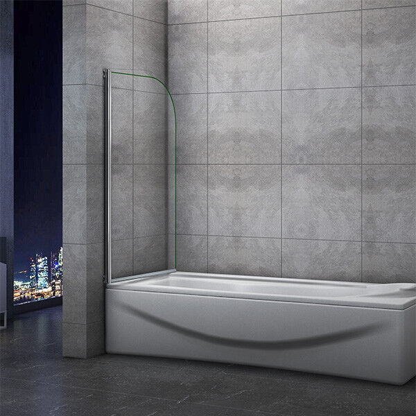 Curved pivot bath screen installed in modern grey tiled bathroom