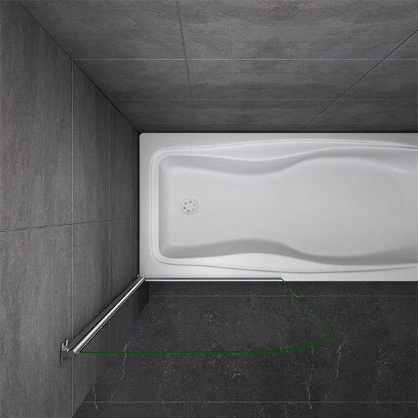 Top view of curved bath shower screen showing pivot opening movement
