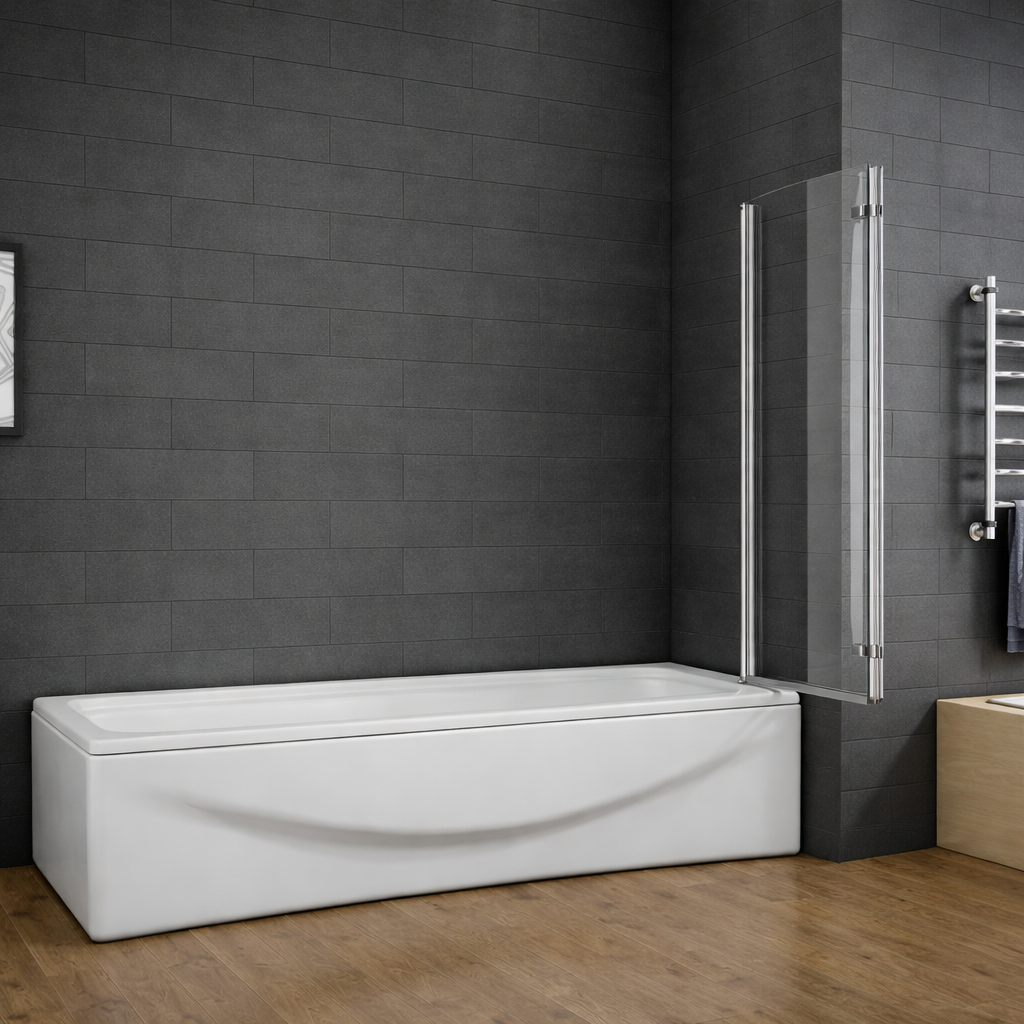 Curved bath shower screen fitted to white bath in modern bathroom with dark grey tiled walls and wooden flooring