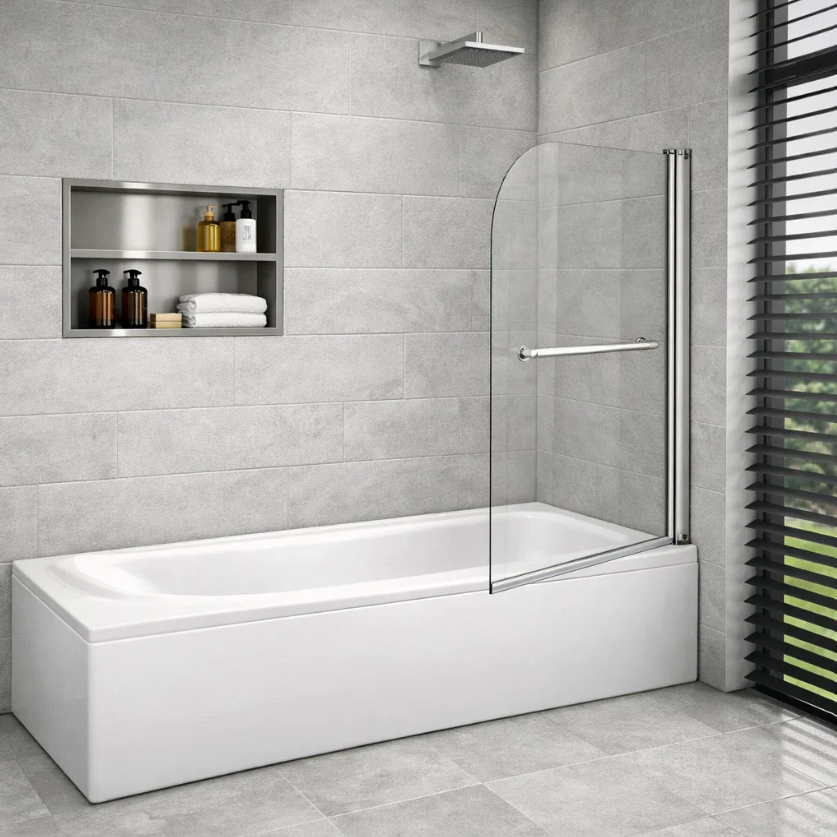 Curved chrome pivot bath screen fitted on white bath with grey tiled walls and overhead shower modern bathroom setting