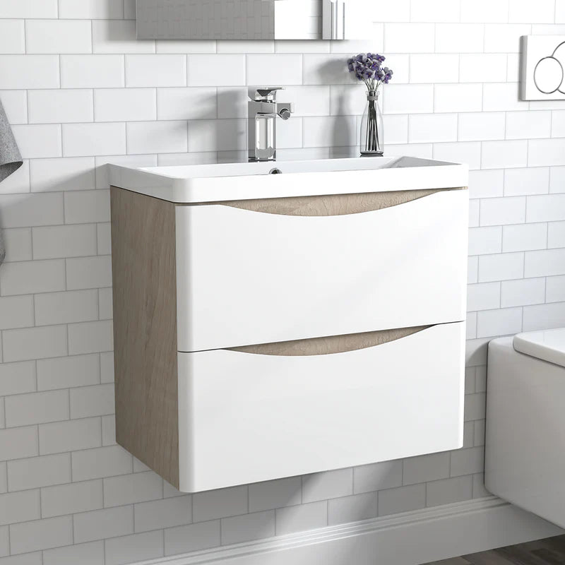 Elin 500mm wall hung oak vanity unit with white drawers and basin in modern bathroom