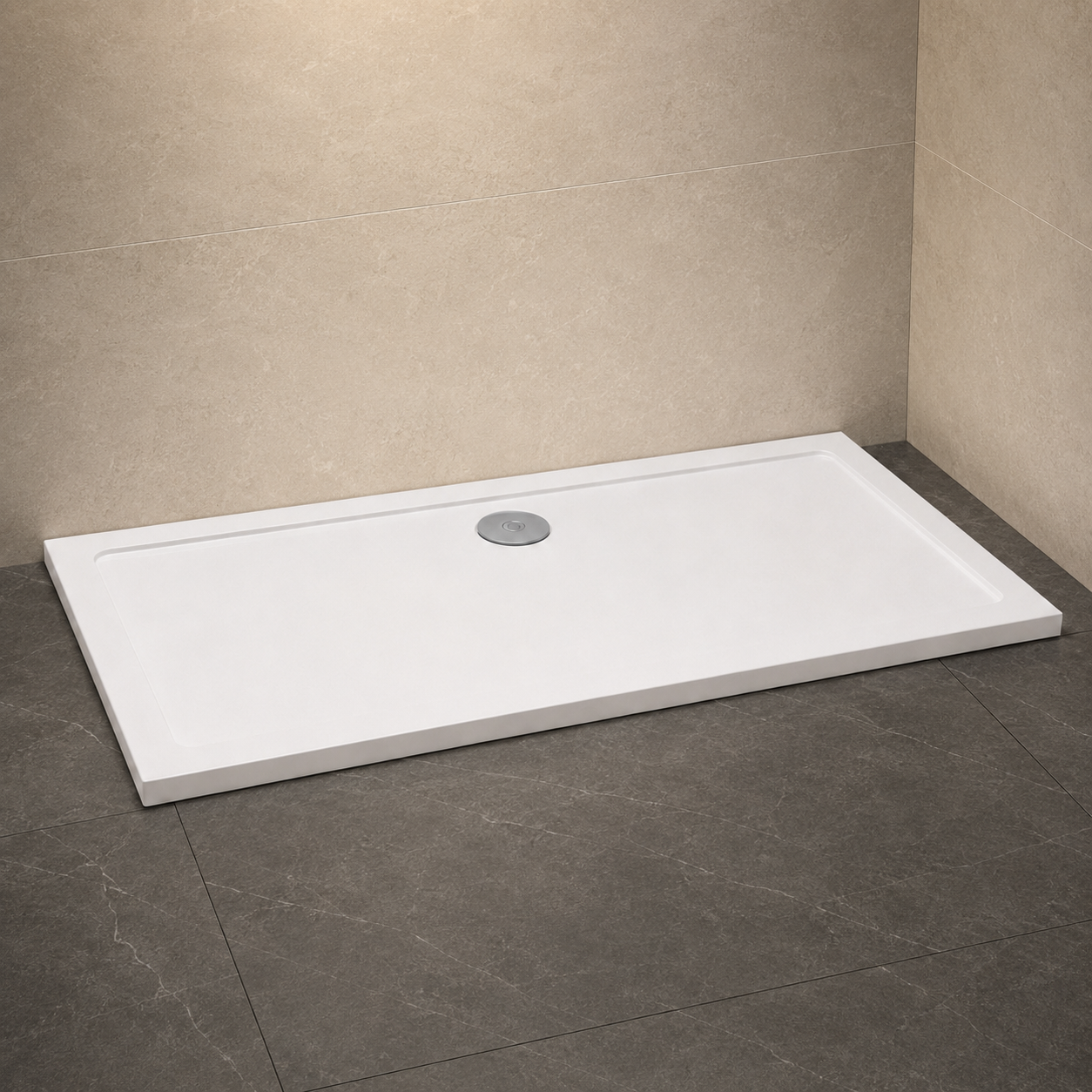 Ellstone 1800 x 900mm rectangular shower tray in a modern tiled bathroom