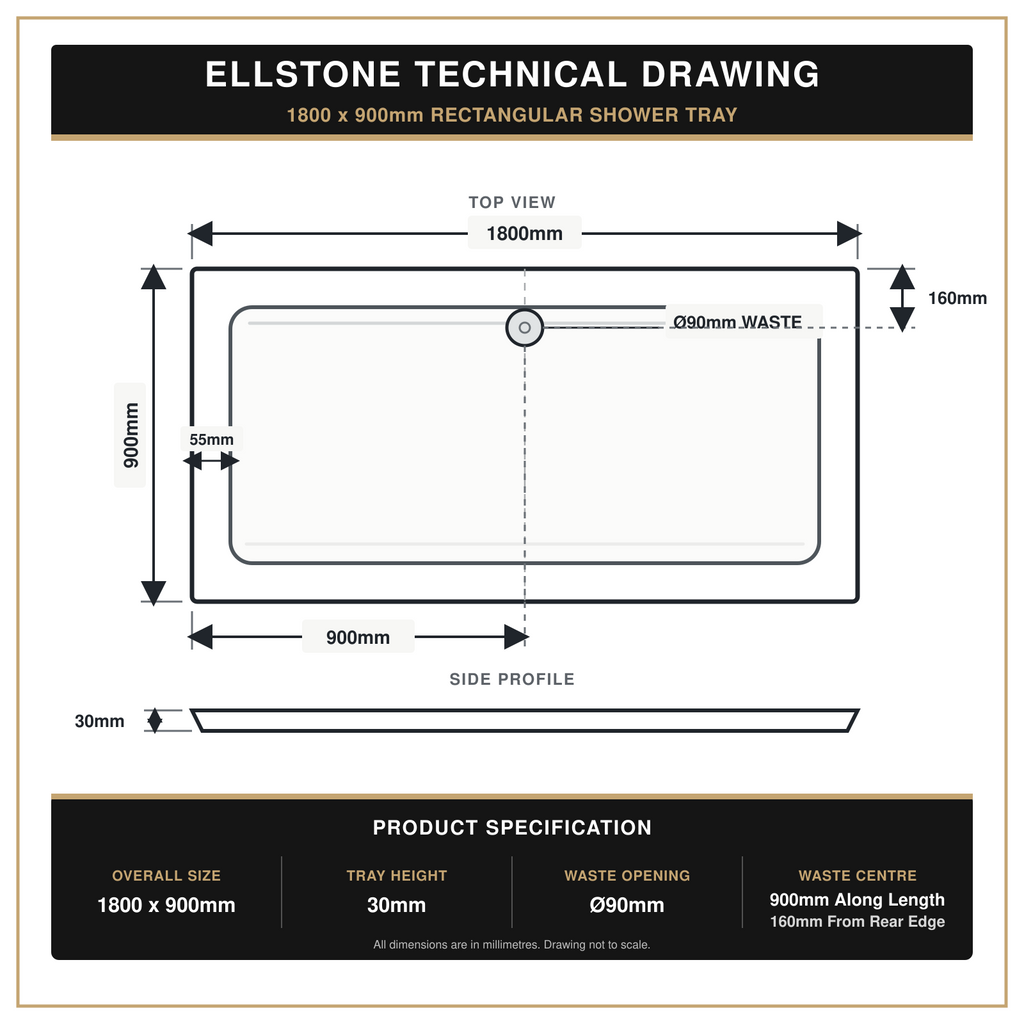 Ellstone 1800 x 900mm rectangular shower tray technical drawing with dimensions