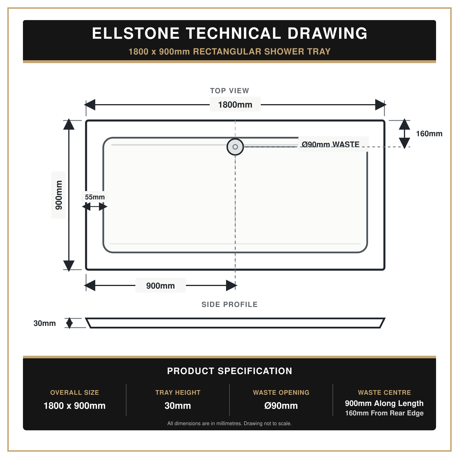 Ellstone 1800 x 900mm rectangular shower tray technical drawing with dimensions