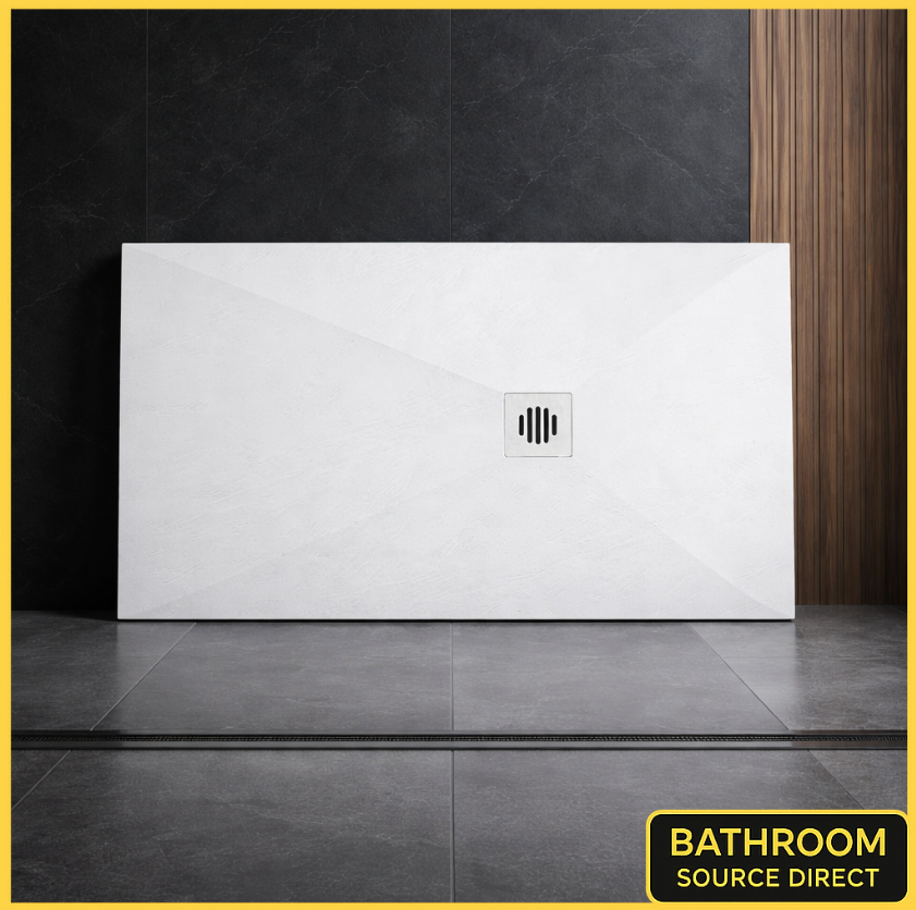Slate Effect Rectangular Shower Tray 1500 x 800 / 900 30mm Slimline Stone Resin White