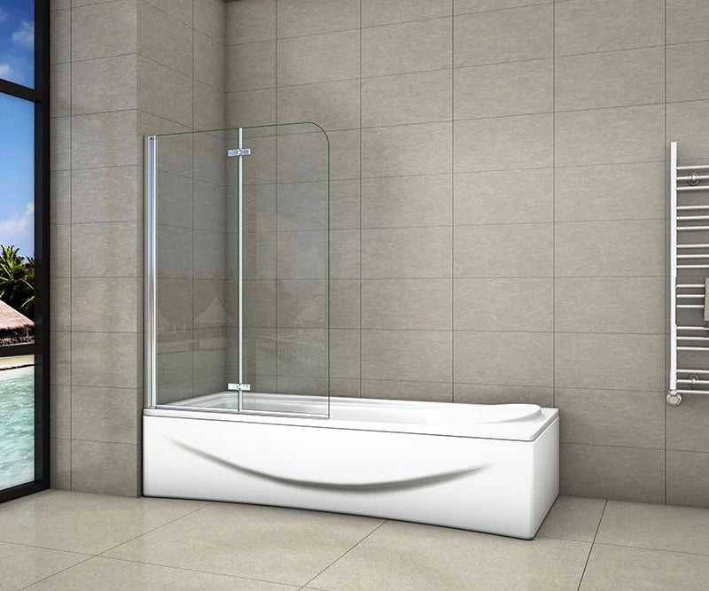 Two-panel folding bath shower screen folded back on a straight bath