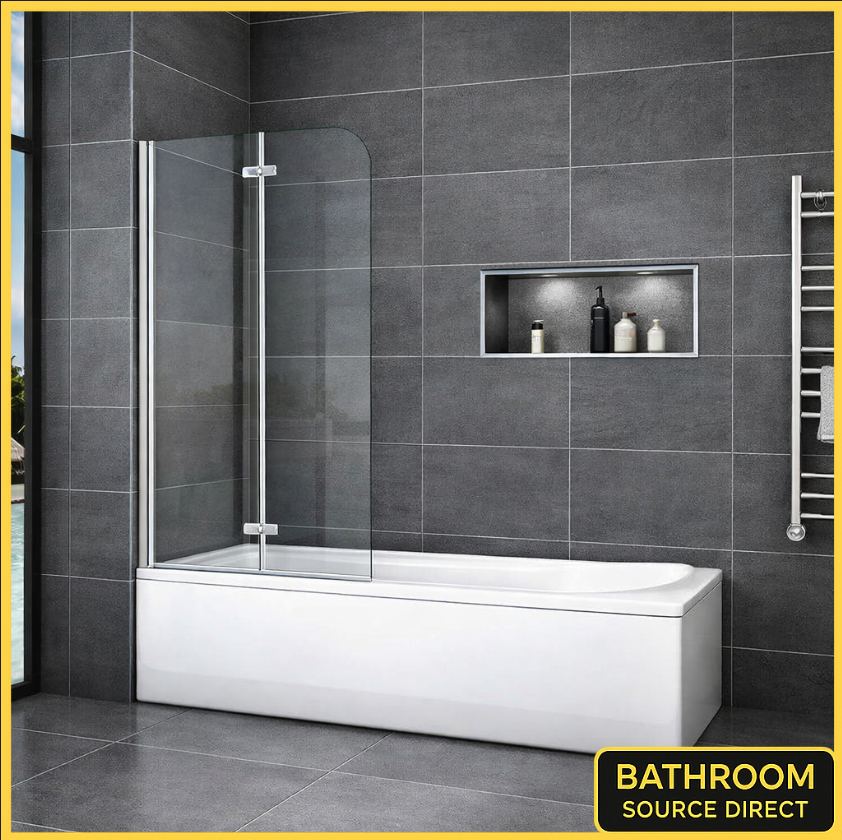 Two-panel folding bath shower screen folded back on a straight bath