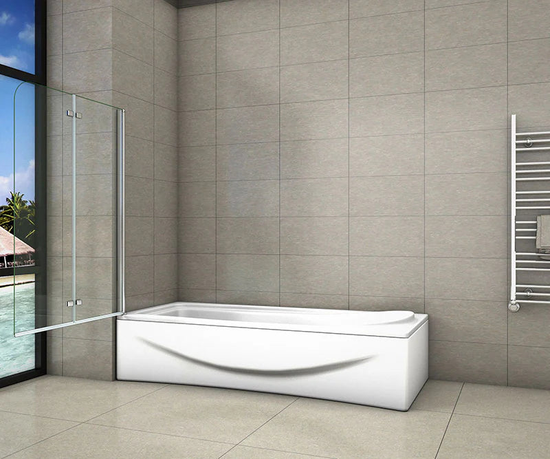 900x1400mm two-panel folding bath shower screen in chrome fitted to a straight bath