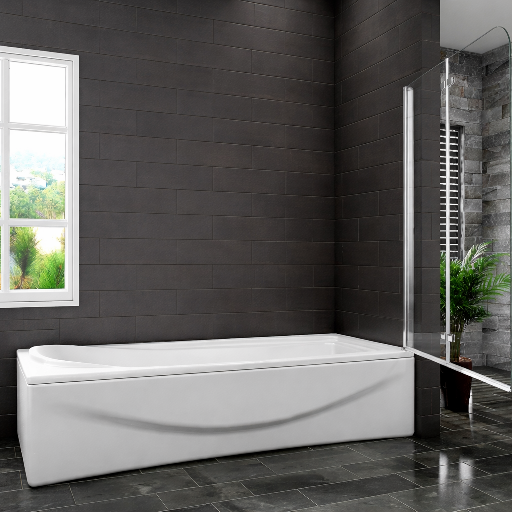 Folding bath shower screen fitted to white bath in modern bathroom with dark grey tiled walls and glass panels