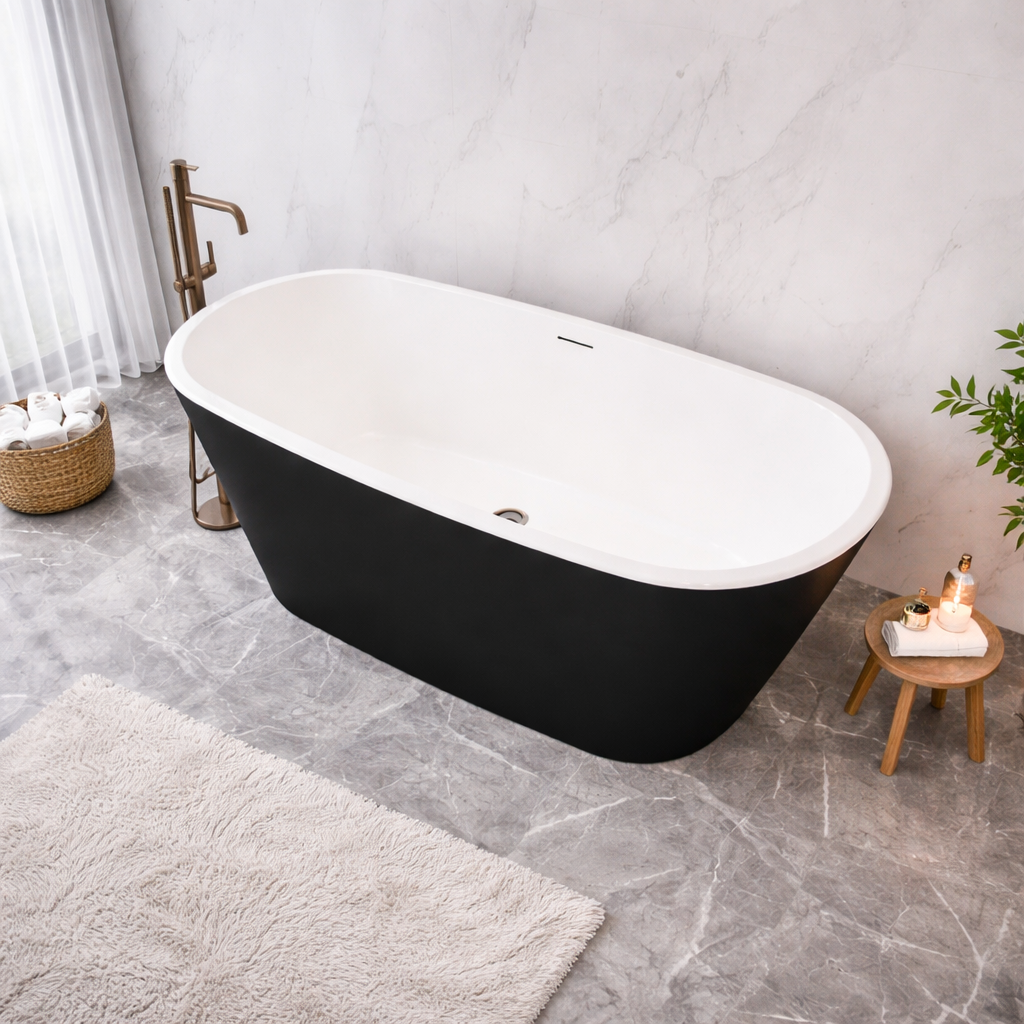 Matt black and white freestanding bath with spa style bathroom setting and modern marble walls