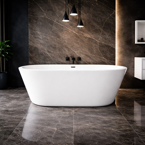 Freestanding bath 1700 x 800mm in dark modern bathroom with marble wall and black fittings