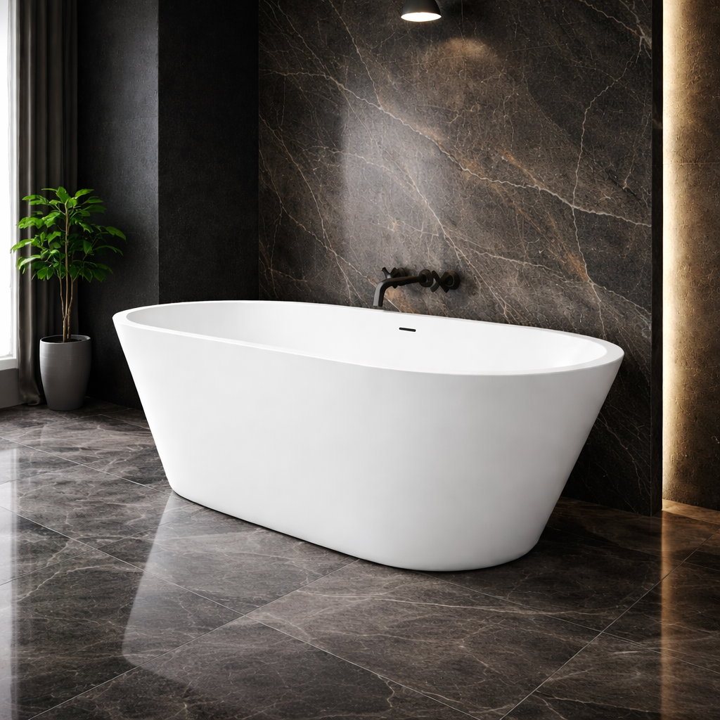 Freestanding gloss white bath 1700 x 800mm shown from side angle in dark bathroom setting