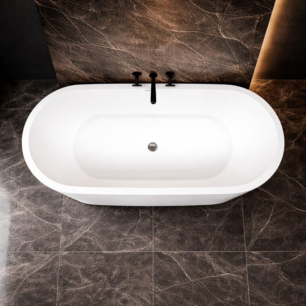 Top view of 1700 x 800mm freestanding bath showing double ended design and central waste