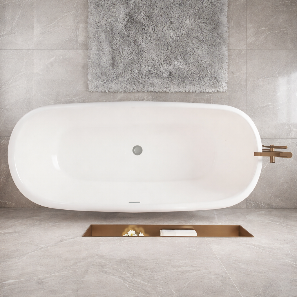 Top view of 1700mm freestanding bath showing double ended design and central waste position