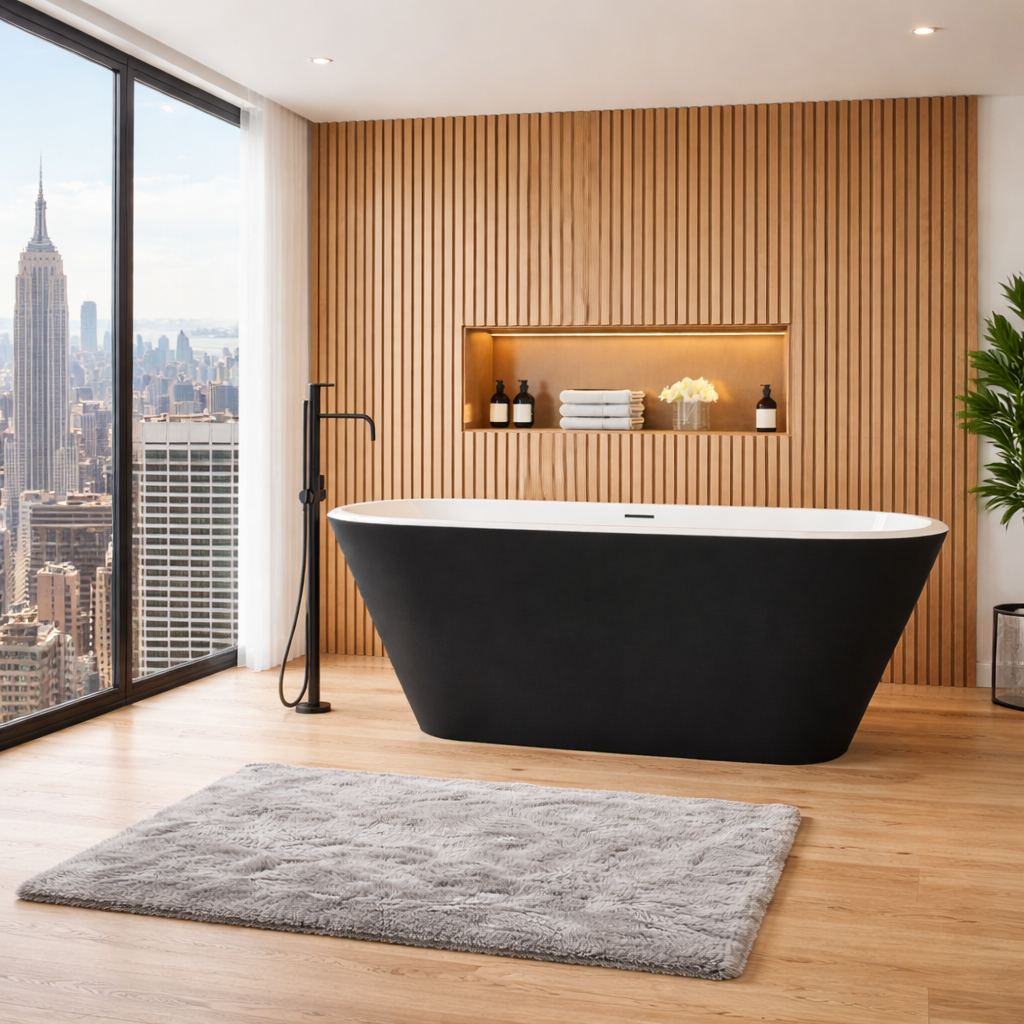 Freestanding bath in modern apartment style bathroom with large window and contemporary finish