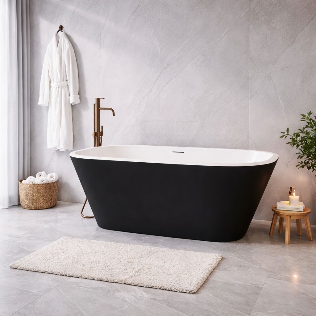 Modern freestanding bath with smooth curved design in black and white acrylic finish