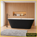 Freestanding black and white double ended bath 1700mm with oak slat wall and modern bathroom setting