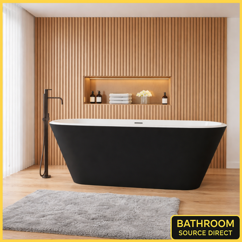 Freestanding black and white double ended bath 1700mm with oak slat wall and modern bathroom setting
