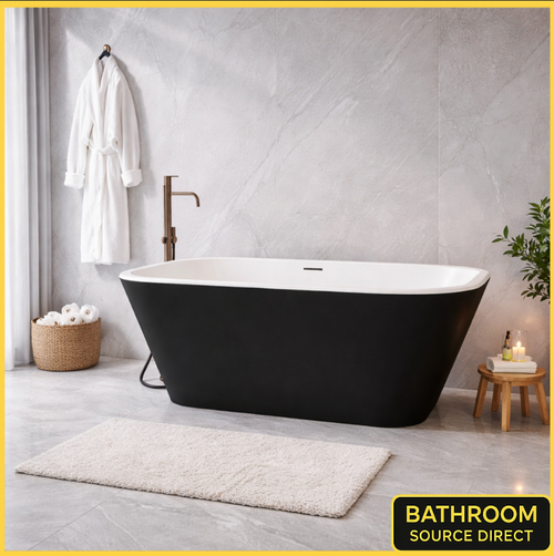 Freestanding double ended bath 1500 x 720mm in matt black and white acrylic modern bathroom setting