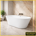 1700 x 800mm freestanding gloss white bath in modern bathroom with marble wall and soft lighting