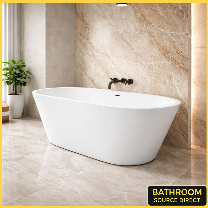 1700 x 800mm freestanding gloss white bath in modern bathroom with marble wall and soft lighting