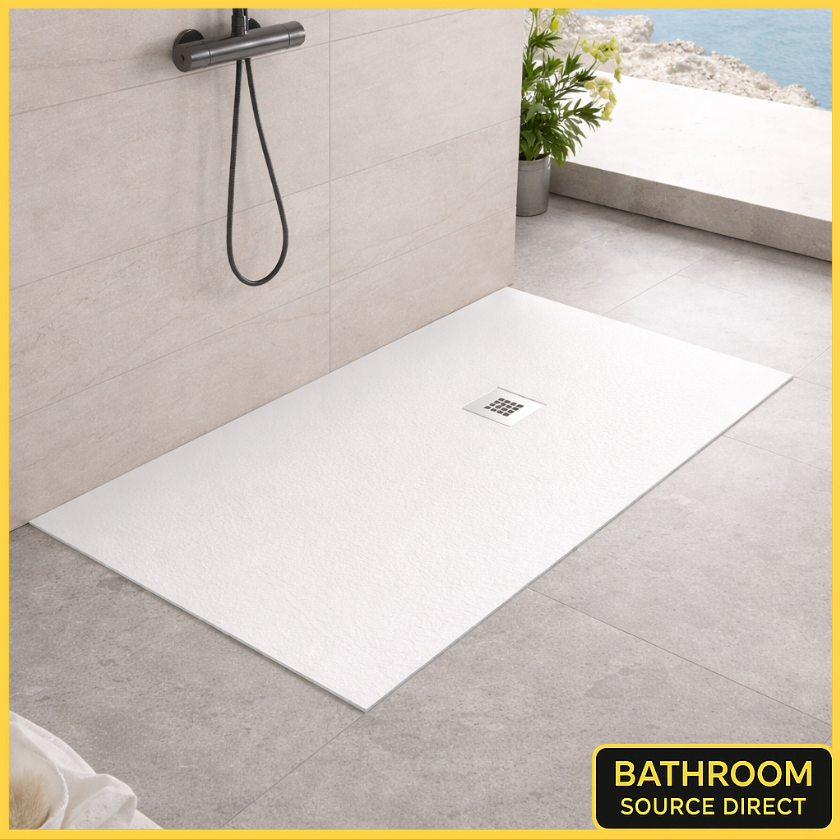 Slate Effect Rectangular Shower Tray 1600 x 800 / 900 30mm Slimline Stone Resin White