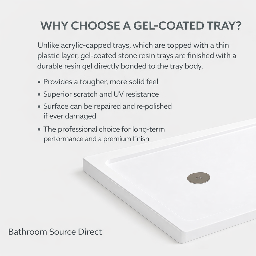 Gel-coated stone resin shower tray benefits showing durability, scratch resistance and easy clean surface