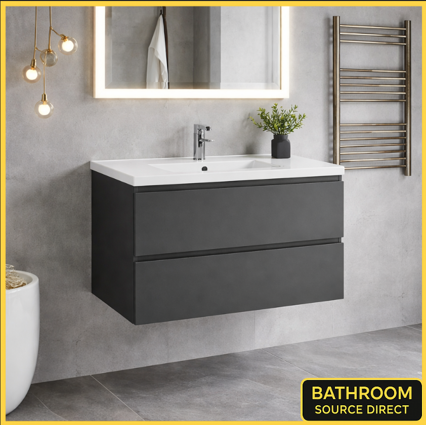 Orenza Anthracite 800mm Wall Hung Vanity Unit with Ceramic Basin – 2 Drawer