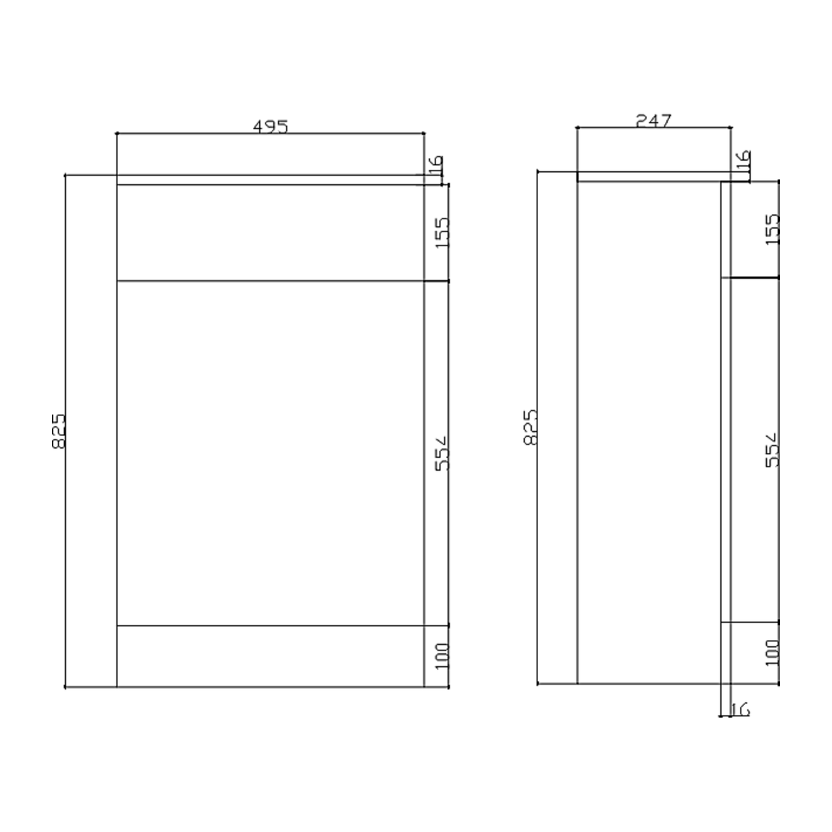 HydroVault Atlantis WC unit technical drawing showing 495mm width, 247mm depth and 825mm height