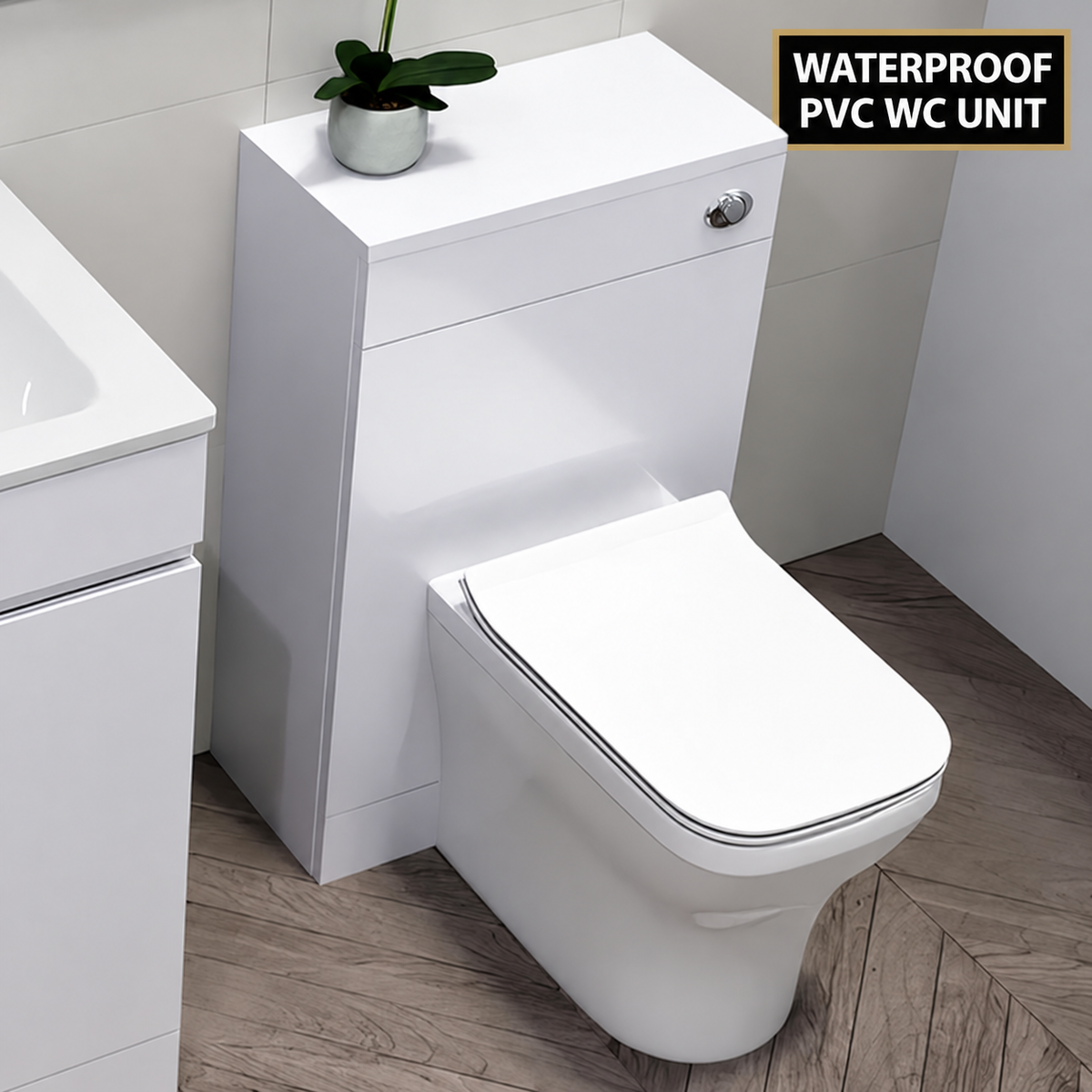 HydroVault Atlantis white WC unit installed with a back to wall toilet