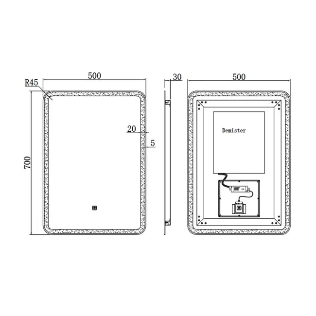 K-LIGHT Alder 500 x 700mm LED bathroom mirror dimensions and technical drawing
