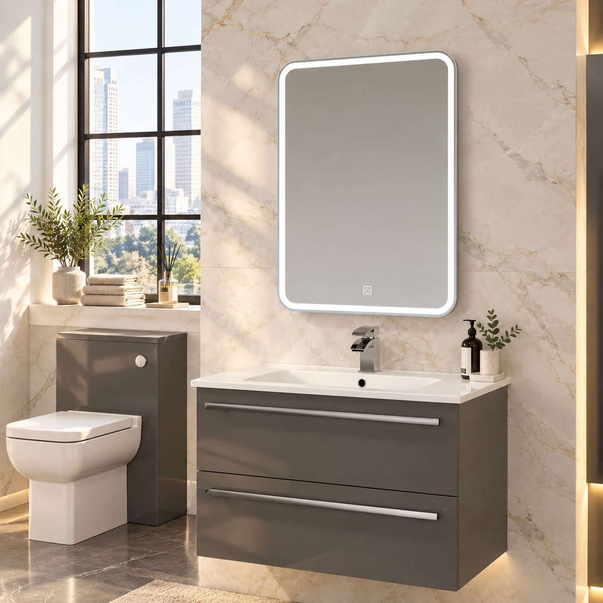 K-LIGHT Alder 500 x 700mm LED mirror with touch control in contemporary bathroom setting