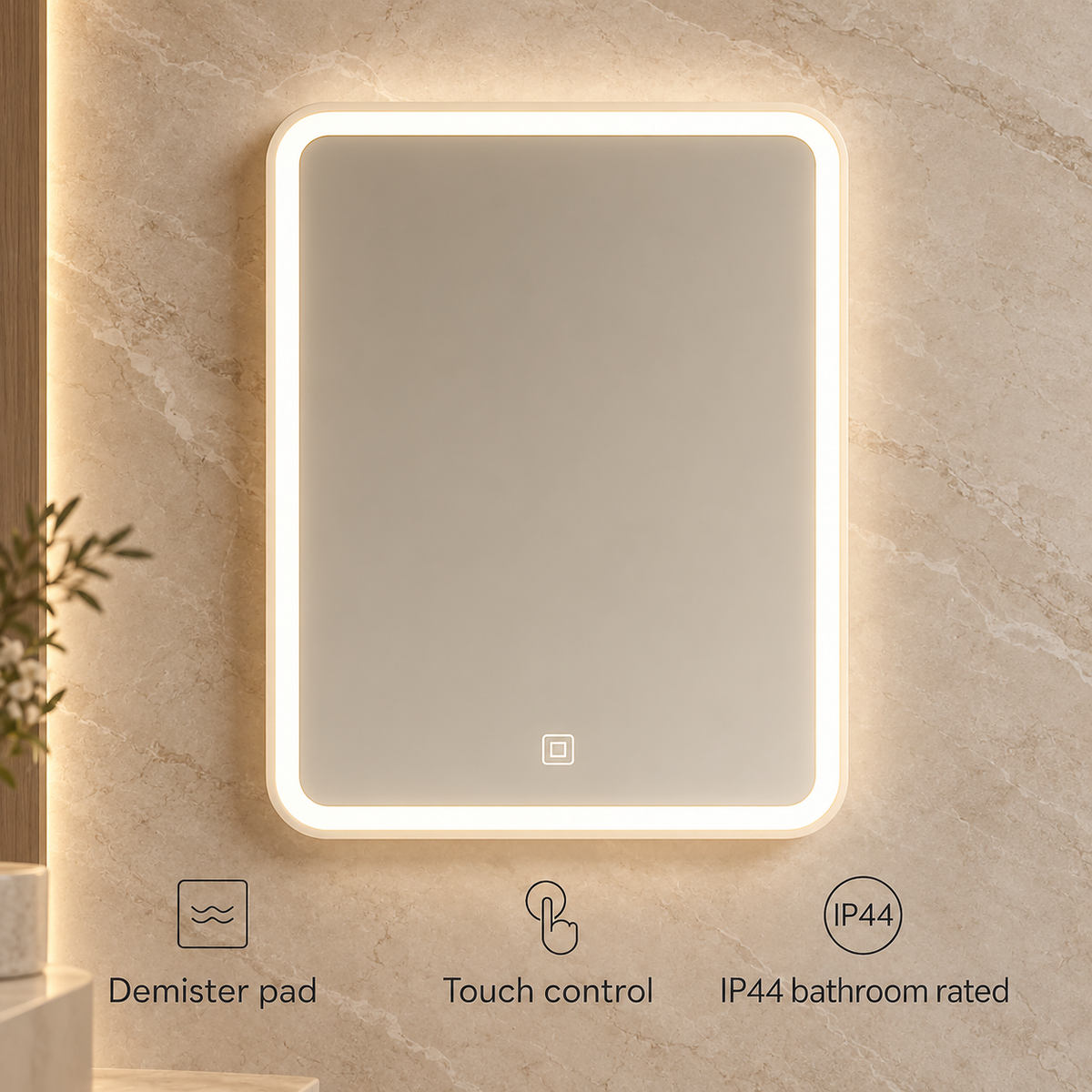 K-LIGHT Alder LED bathroom mirror showing demister pad, touch control and IP44 rating